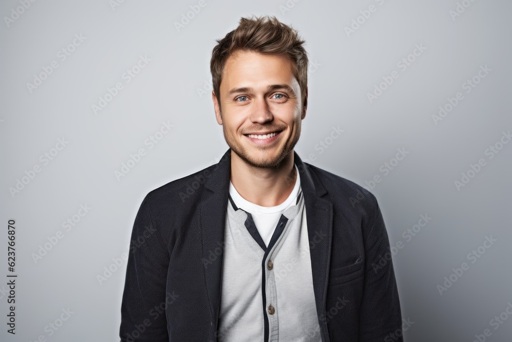 Portrait of handsome young man smiling at camera. Isolated on grey background. Portrait of handsome young man smiling at camera. Isolated on grey background.