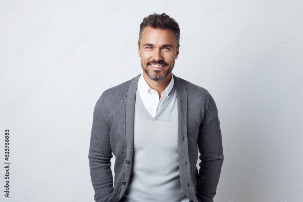 Portrait of handsome man smiling at camera while standing against white background Portrait of handsome man smiling at camera while standing against white background