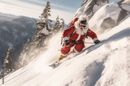 Santa Claus skiing in the mountains. active pension and sports. merry christmas and new year. generative ai, , ai © Svetlana