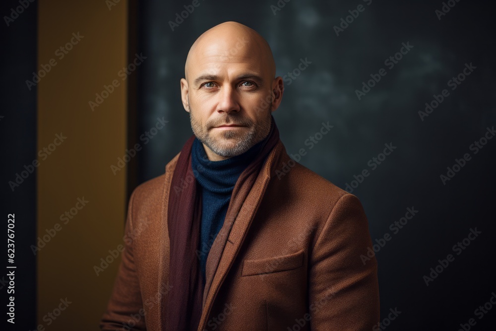 Portrait of a bald man in a brown coat and scarf. Portrait of a bald man in a brown coat and scarf.