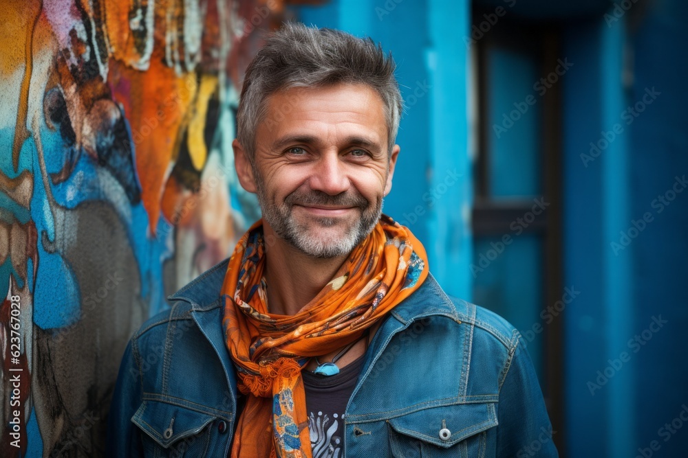 Portrait of a smiling middle-aged man with a colorful scarf in the city