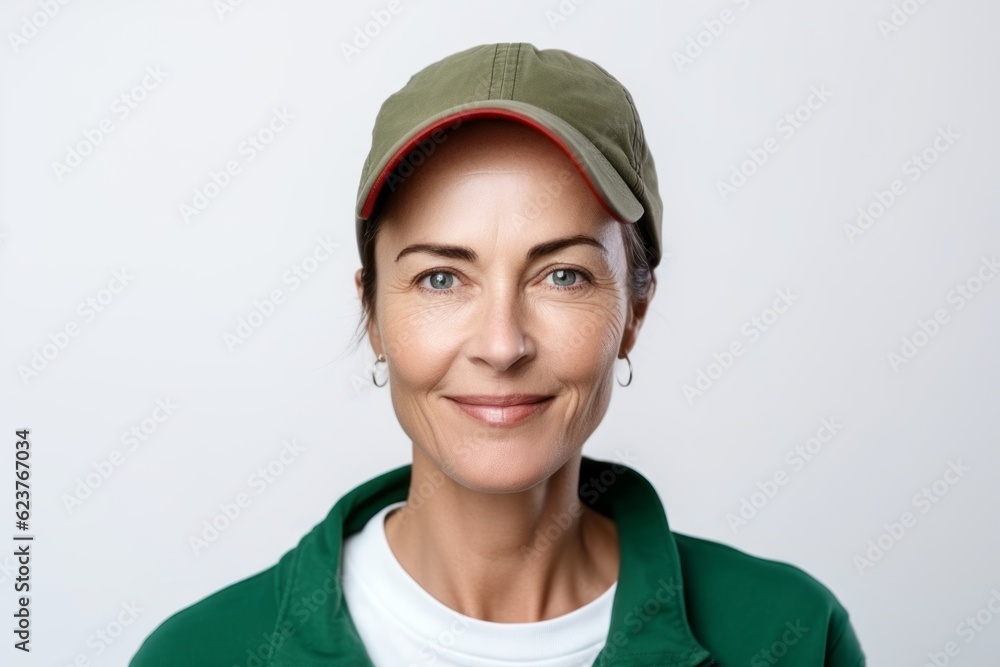 Portrait of smiling woman in cap and green sweatshirt on white background Portrait of smiling woman in cap and green sweatshirt on white background