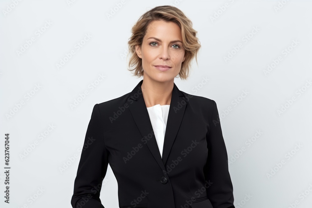 Portrait of a young business woman in black suit on white background Portrait of a young business woman in black suit on white background