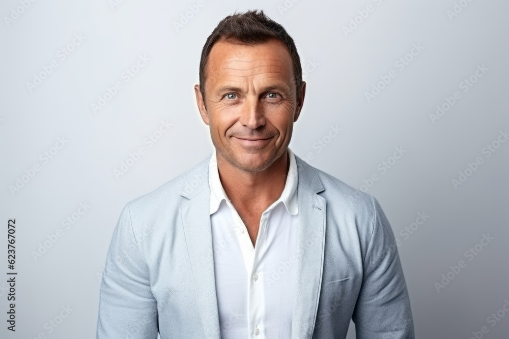 Portrait of handsome mature man in casual clothes looking at camera and smiling while standing against grey background Portrait of handsome mature man in casual clothes looking at camera and smiling while standing against grey background