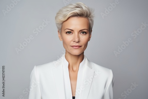 Portrait of a beautiful blonde woman in a white jacket on a gray background