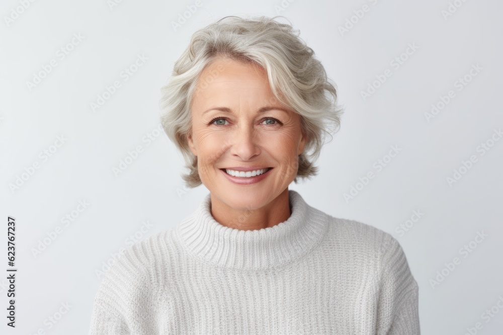 Portrait of beautiful middle-aged woman in white sweater smiling at camera Portrait of beautiful middle-aged woman in white sweater smiling at camera