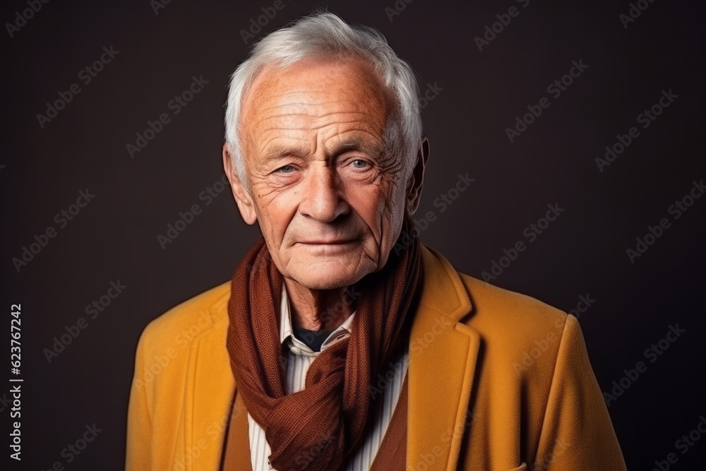 Portrait of a senior man in yellow coat and scarf on black background Portrait of a senior man in yellow coat and scarf on black background