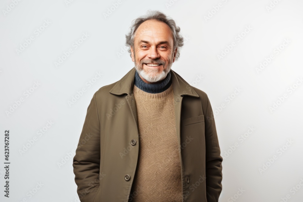 Portrait of a happy senior man smiling at the camera while standing against white background Portrait of a happy senior man smiling at the camera while standing against white background