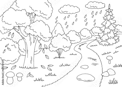 Autumn forest road graphic black white landscape sketch illustration vector