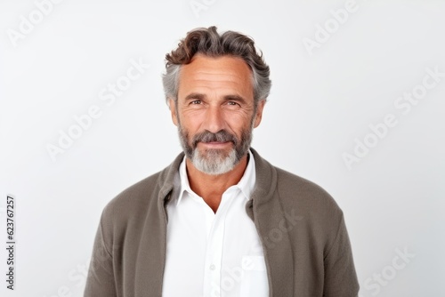 Portrait of a handsome mature man looking at camera while standing against white background © Robert MEYNER