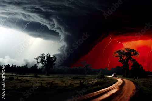 A red and black storm cloud over a dirt road. Generative AI.