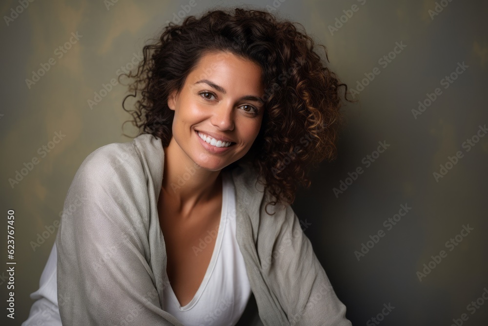 Portrait of a beautiful young woman with curly hair smiling and looking at the camera Portrait of a beautiful young woman with curly hair smiling and looking at the camera