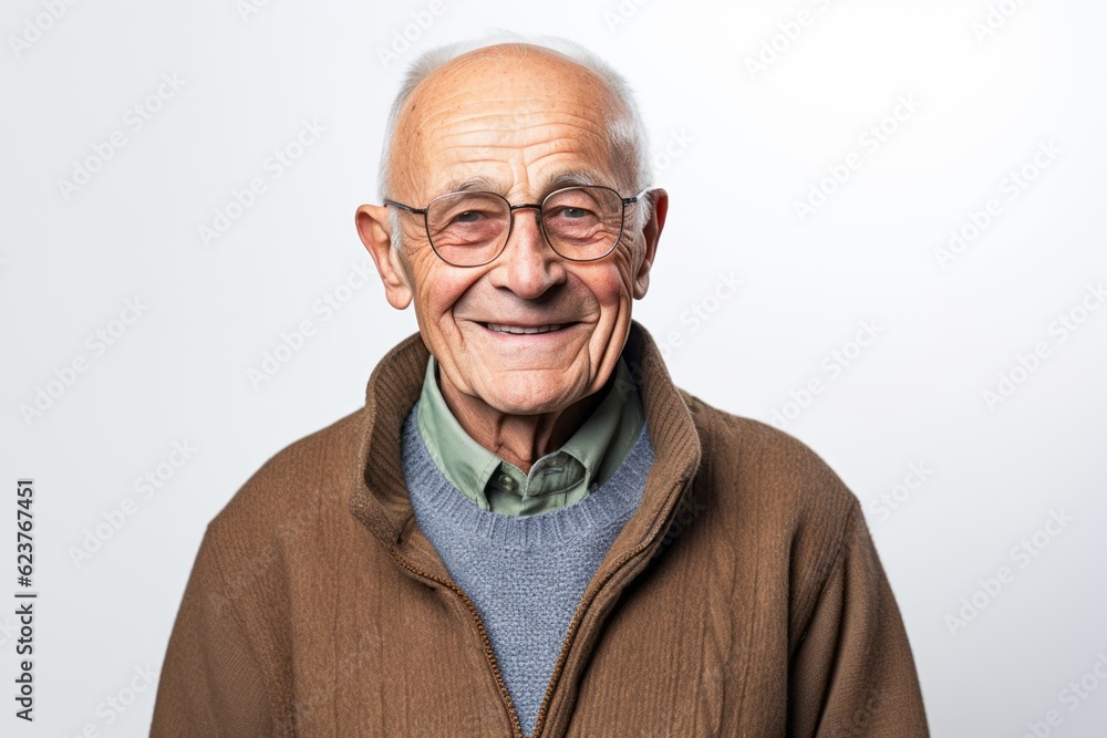 Obraz premium Portrait of a smiling senior man with glasses on a white background
