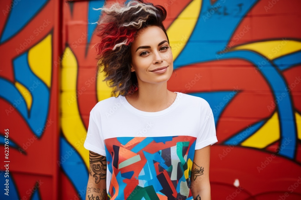 Portrait of a beautiful young african american woman with curly hair, wearing casual t-shirt, posing against graffiti wall. Portrait of a beautiful young african american woman with curly hair, wearing casual t-shirt, posing against graffiti wall.