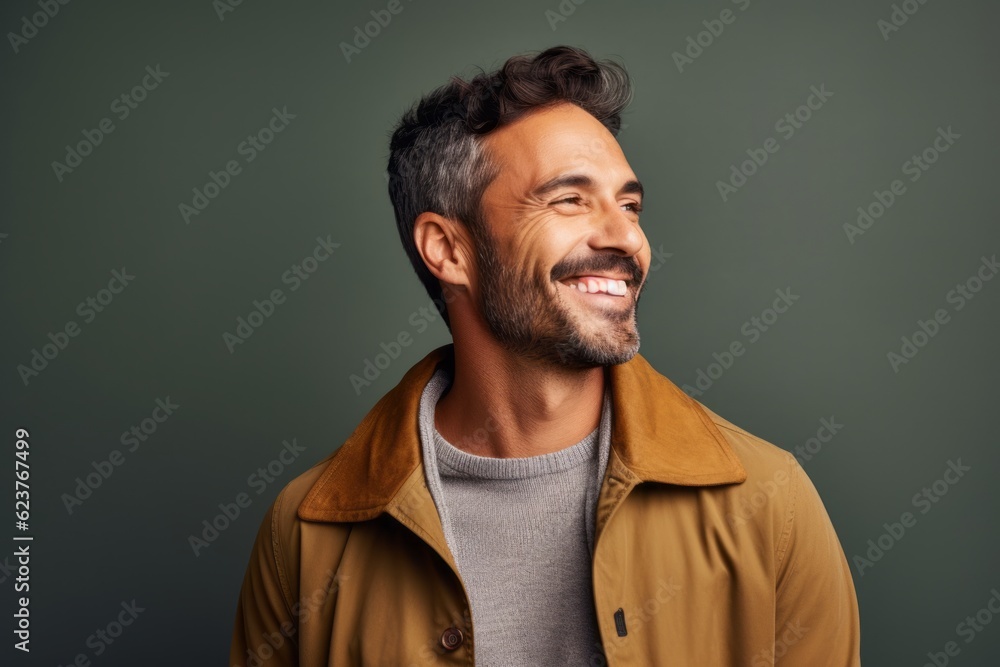 Obraz premium cheerful indian man smiling and looking away isolated on grey