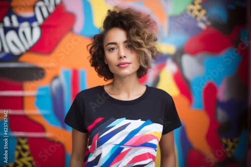Wallpaper Mural Medium shot portrait photography of a serious Brazilian woman in her 30s wearing a fun graphic tee against an abstract background  Torontodigital.ca