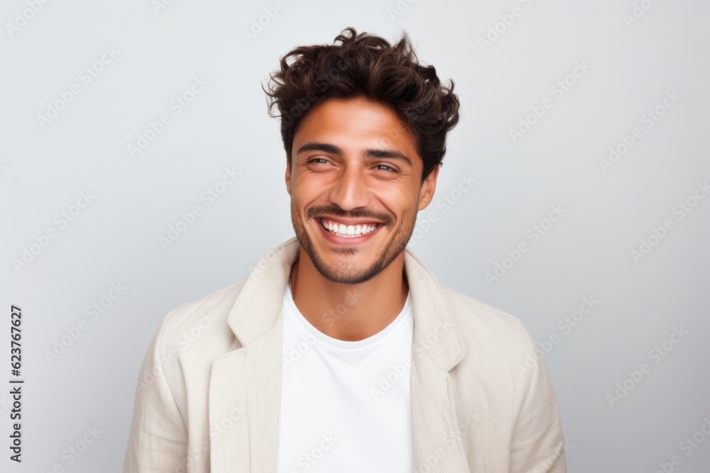 Portrait of a handsome young man smiling while standing against grey background Portrait of a handsome young man smiling while standing against grey background