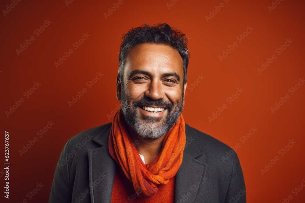 Portrait of a smiling bearded Indian man in a coat and scarf Portrait of a smiling bearded Indian man in a coat and scarf