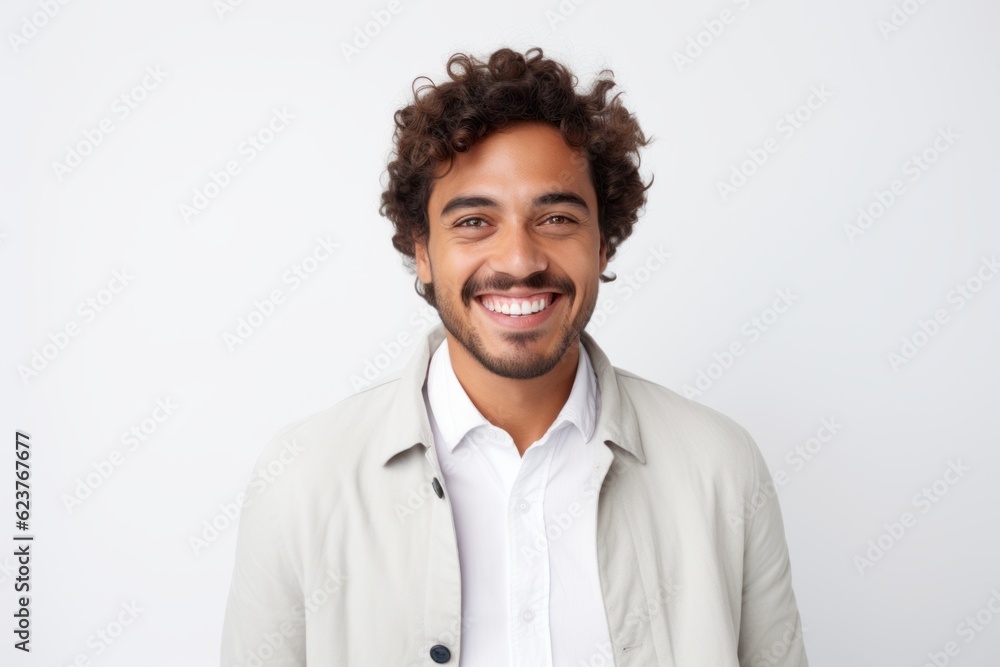 Portrait of handsome young man with curly hair smiling over white background Portrait of handsome young man with curly hair smiling over white background