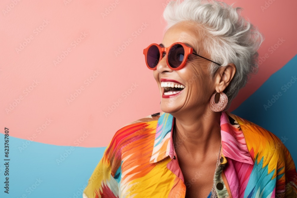 Portrait of smiling senior woman in sunglasses looking at camera on colorful background