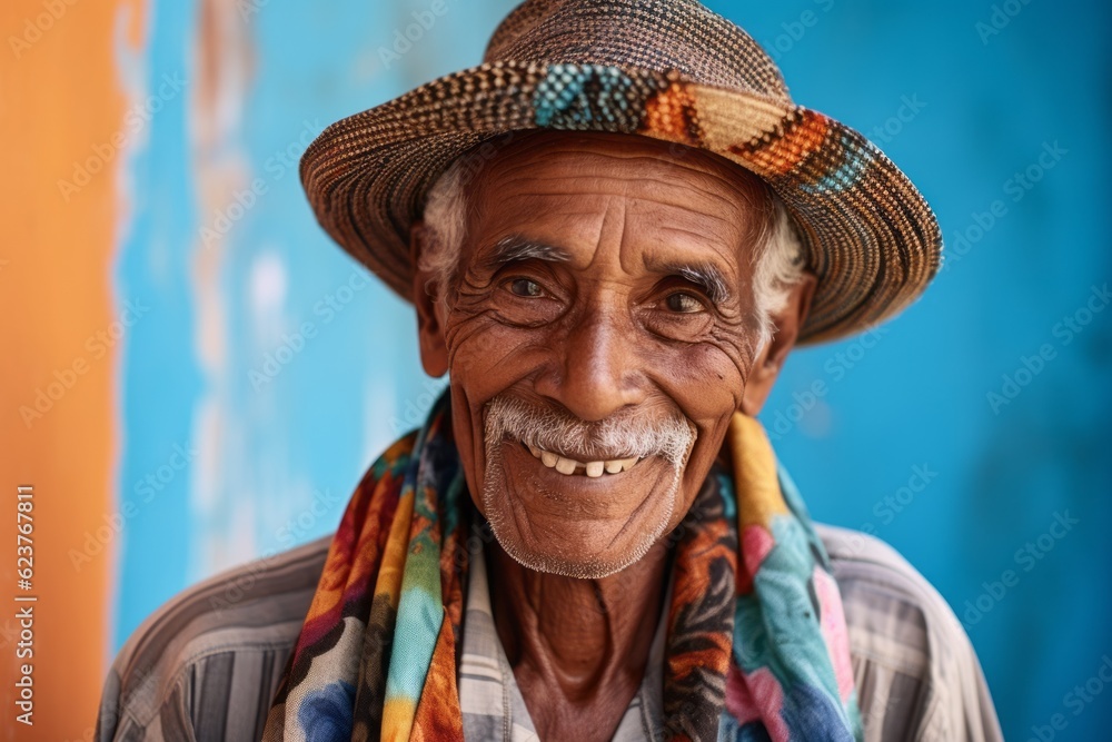 Portrait of an old man with a straw hat and a colorful scarf.