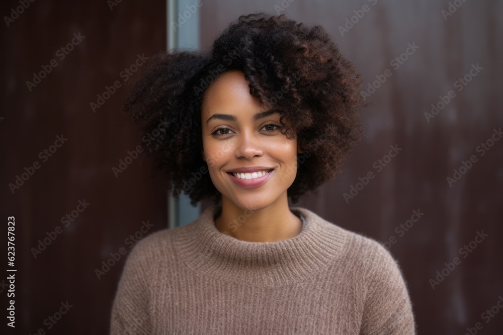 Fototapeta premium Portrait of smiling african american woman standing by door at home