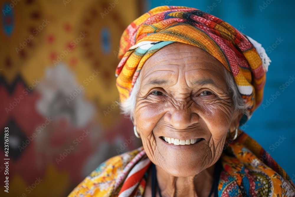 Portrait of a smiling old woman wearing a headscarf.