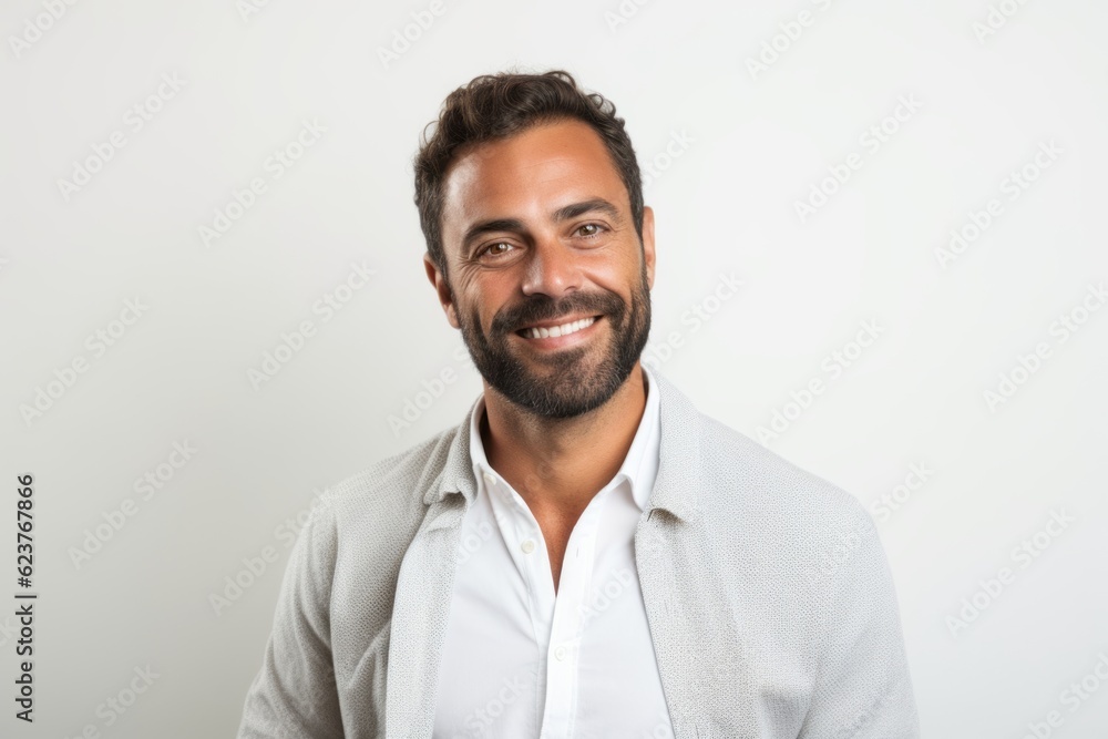 Fototapeta premium Portrait of a handsome man smiling at the camera against white background