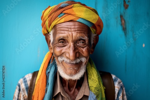 Portrait of an old Indian man with a colorful scarf on his head.