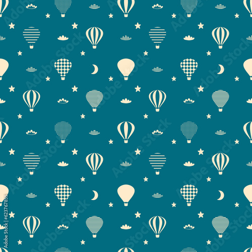 Night seamless pattern with balloons, clouds, moon and stars. Perfect print for tee, textile, paper and fabric. illustration for surface design.