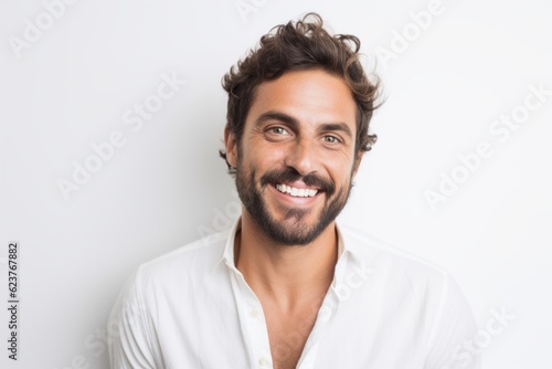 Portrait of a handsome young man smiling at camera over white background
