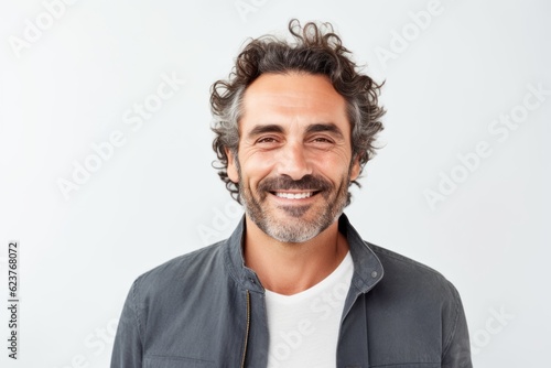 Portrait of a handsome middle-aged man smiling at camera over white background