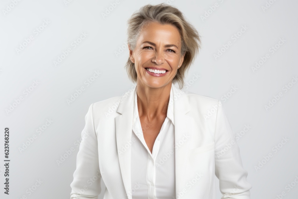 Portrait of happy mature businesswoman smiling at camera over white background Portrait of happy mature businesswoman smiling at camera over white background