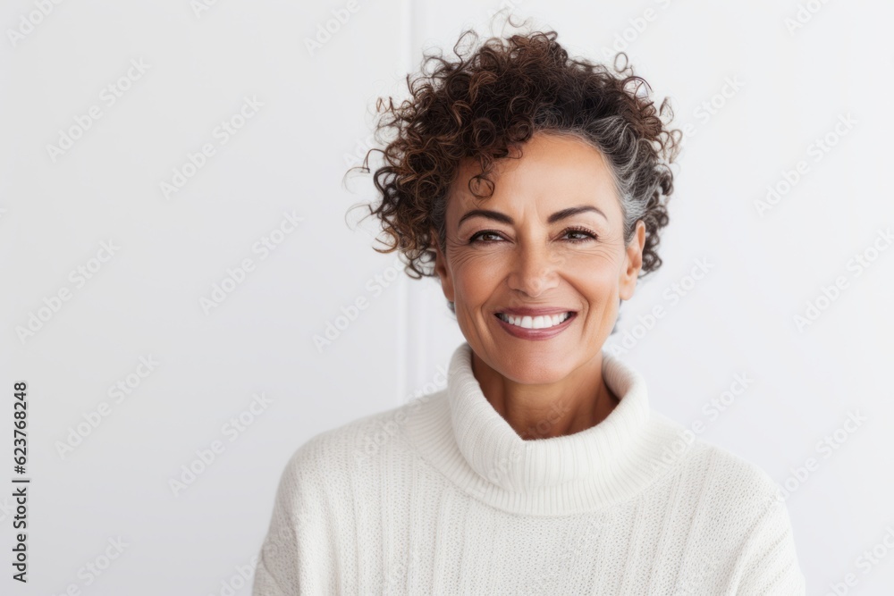 Portrait of smiling mature woman with curly hair standing against white background Portrait of smiling mature woman with curly hair standing against white background