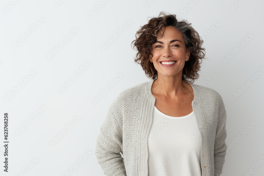 Cheerful young woman looking at camera with smile, standing against white background Cheerful young woman looking at camera with smile, standing against white background