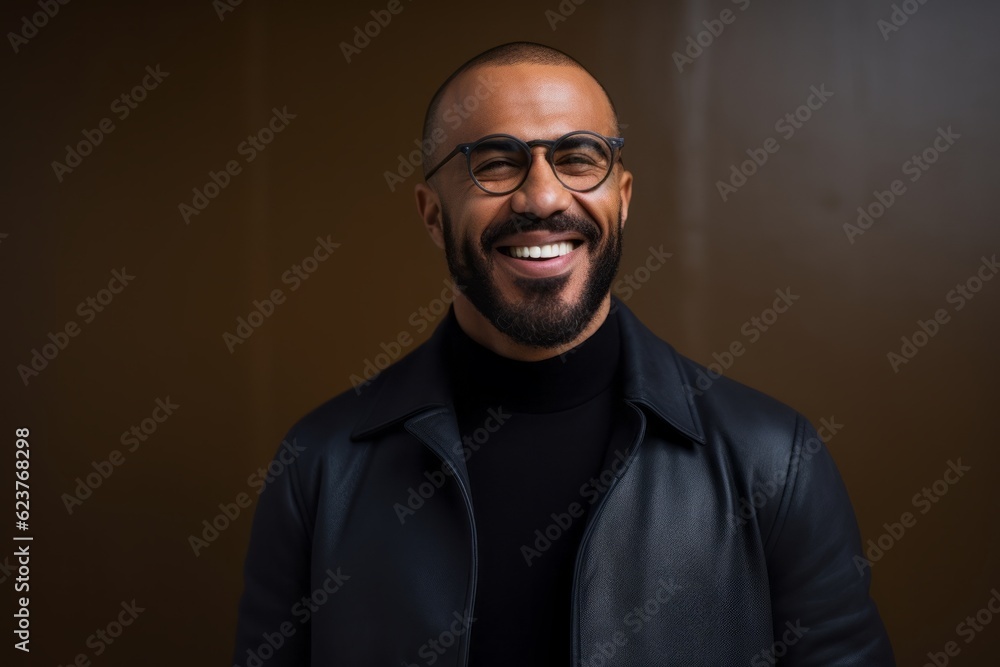 Portrait of a smiling african american man in black jacket and glasses Portrait of a smiling african american man in black jacket and glasses