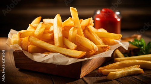 Fényképezés French fries on wooden table