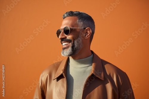 Portrait of a handsome mature man in sunglasses and brown coat on an orange background