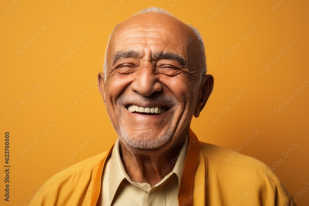 Portrait of a happy senior man smiling at the camera over yellow background Portrait of a happy senior man smiling at the camera over yellow background