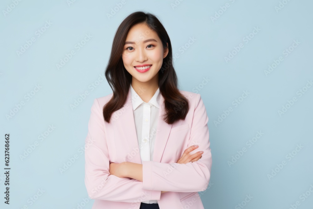 business woman smile and crossed arms isolated on blue background, asian business woman smile and crossed arms isolated on blue background, asian