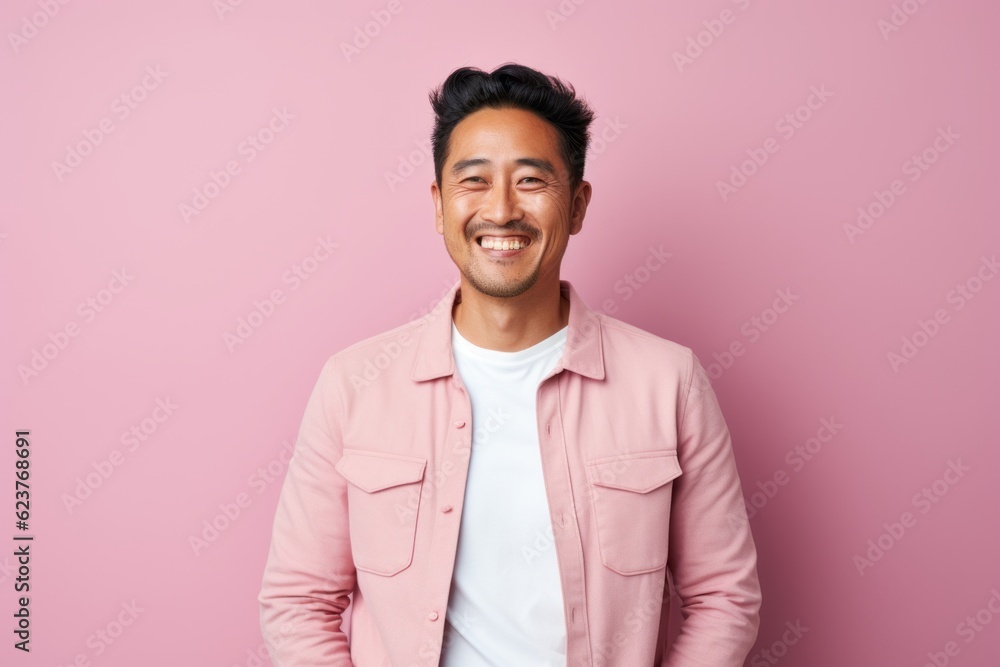 Portrait of a happy young asian man standing against pink background Portrait of a happy young asian man standing against pink background