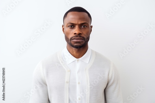 Portrait of pensive african american man standing against white background