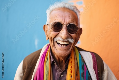 Portrait of a smiling old man wearing sunglasses and colorful scarf.
