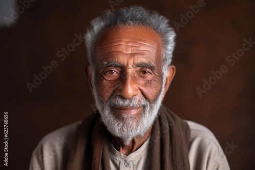 Portrait of an old Indian man with grey hair and beard.