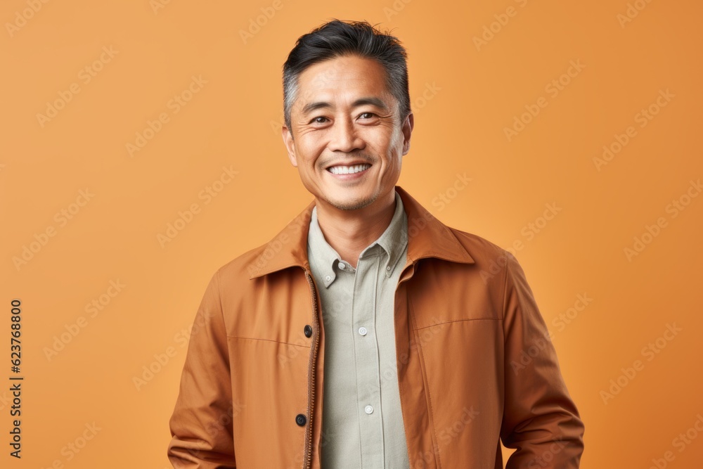 Portrait of happy Asian man looking at camera and smiling while standing against orange background Portrait of happy Asian man looking at camera and smiling while standing against orange background