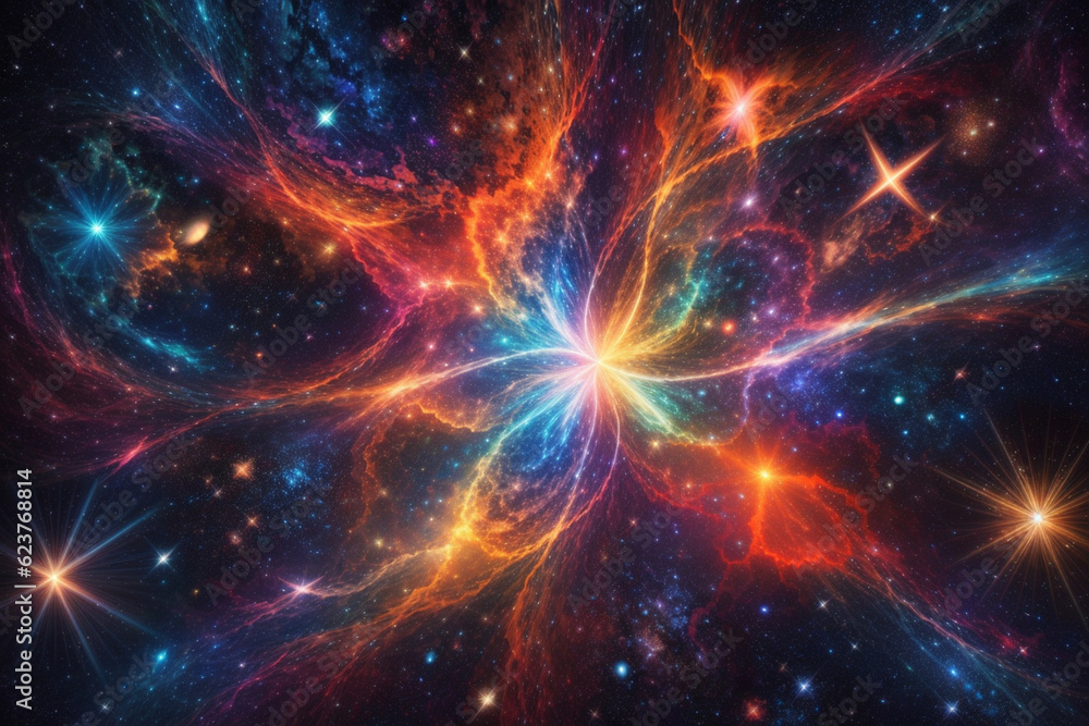 Fototapeta premium Colorful space galaxy cloud nebula. Stary night cosmos. Universe science astronomy. Supernova background wallpaper. Generative Al