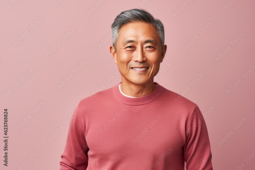 Portrait of a happy senior asian man looking at camera isolated over pink background Portrait of a happy senior asian man looking at camera isolated over pink background