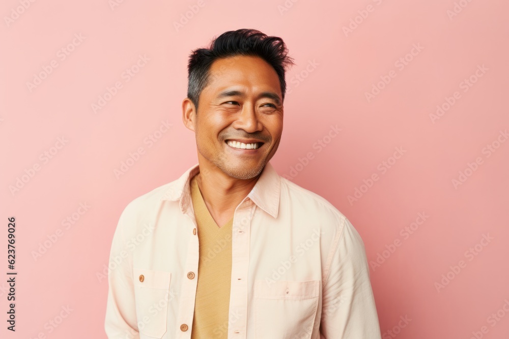 Portrait of a happy asian man smiling at camera against pink background Portrait of a happy asian man smiling at camera against pink background