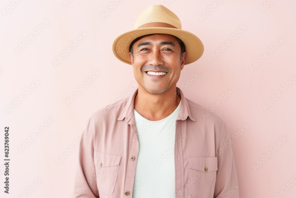 Portrait of smiling asian man in straw hat standing against pink background Portrait of smiling asian man in straw hat standing against pink background