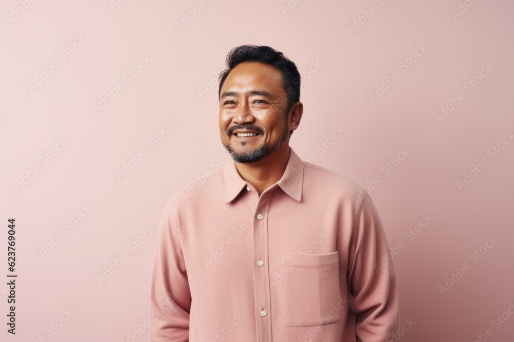 Portrait of a happy asian man looking at camera over pink background